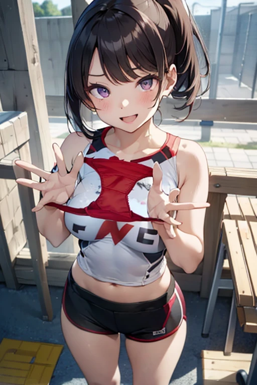 group shot:1.2,baseball stadium,Panty drop:1.5,Clothing with tiger printed on it,tubetops,Underboobs,ponytail,cheerleader, stadium, team spirit, pom-poms, enthusiastic, energetic, crowd, uniform, sports event, cheering, colorful, dynamic pose, happy, vibrant, teamwork, celebration, night game, lights, action