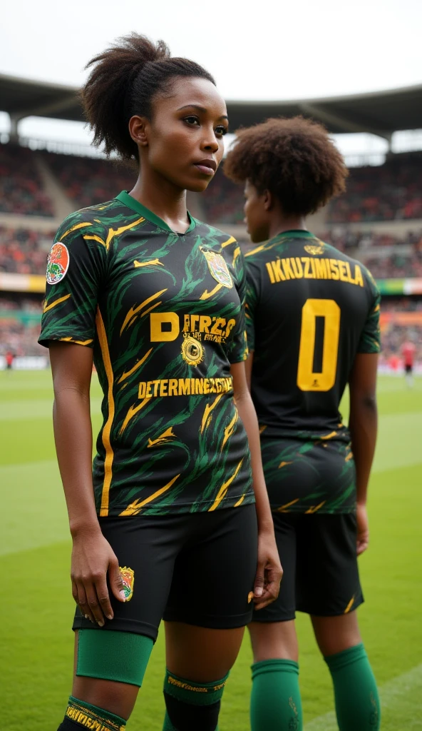A woman wearing a skirt, that goes up to above the knees, green with a slightly thick yellow stripe on the hem, With a belt, medium-sized e com uma fivela no meio, that contains the spots of the jaguar, along with a tight white t-shirt with a green gradient on the shoulders and with jaguar details on the short sleeves of the t-shirt and the Brazilian flag, medium-sized, on the chest and the symbol of the Olympics, medium-sized do outro lado do peito.