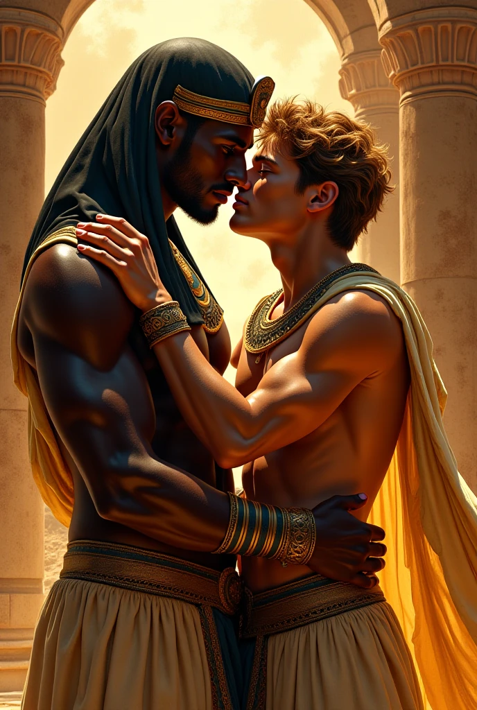 1 arab kneling very close in front of a standing blond man´s groan baroque painting+muslim_art fullbody portrait, an arabian prince, cinnamon skin green eyes, wavy black hair, thin face, slender toned body, body hair, beautiful face, next to a young viking, blond, blue eyes, muscular beautiful face, strong, masculine perfect proportions, white skin innocent look, ((both men naked shirtless pantless barefoot)) in the mesopotamian desert in the night dynamic movement composition in the background dunes, tents, stars,, south cruce so romantic
