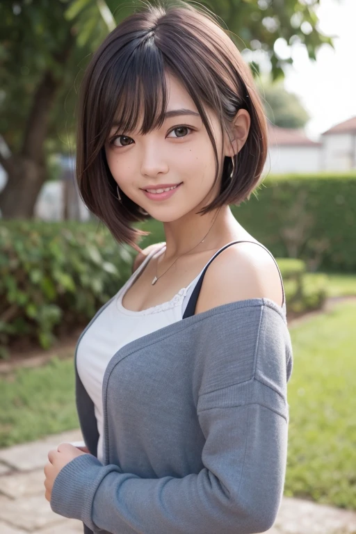 (surrealism, Raw photo, NIKON, 8K, Super Detail, masutepiece, high details, Intricate details, Super Detailed, Realistic lighting),
(Anatomically correct, High-precision human body, Highly detailed face, Realistic skin, realistic depiction of characters),
(, Japanese younger sister, Japanese high school girl, slim waist and busty body, Baby face, Sl, Affectionate and cute, Cute Girl, Surreal Girl),
(Round face, Black hair, Short bob cut, see-through bangs, Lowered eyebrows毛, Troubled eyebrows, Lowered eyebrows, Moist eyes, 1 small earring, Light blush),
(Elegant smile),
(Colorful long-sleeved shirt, plaid maxi long skirt),
Natural lighting, full length, Whole body