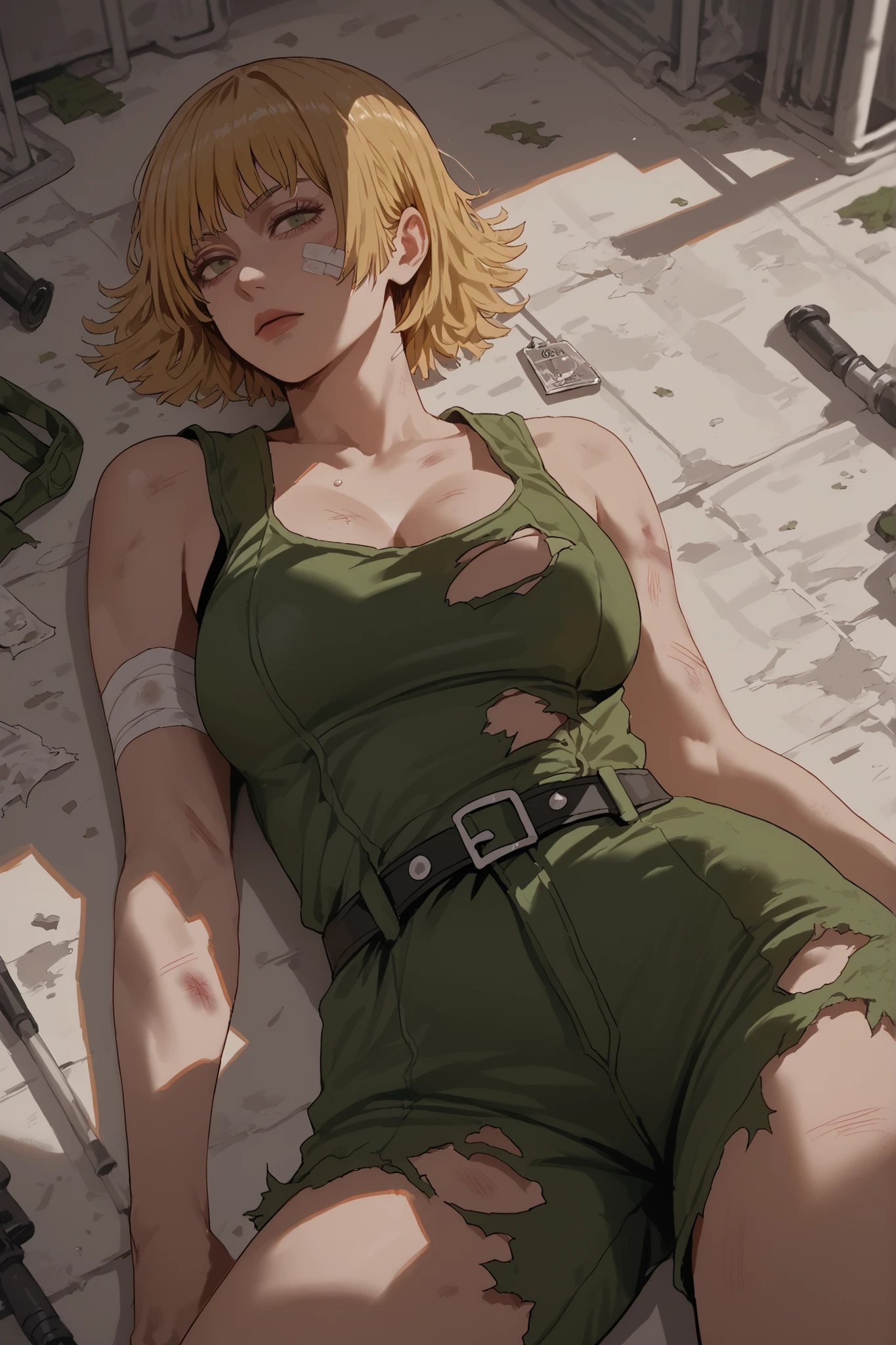 1 girl, confident look, voluptuous, lying on floor, bruises on body, short blonde hair with bangs, moss green military jumpsuit torn, military tag, black tank top, bandages