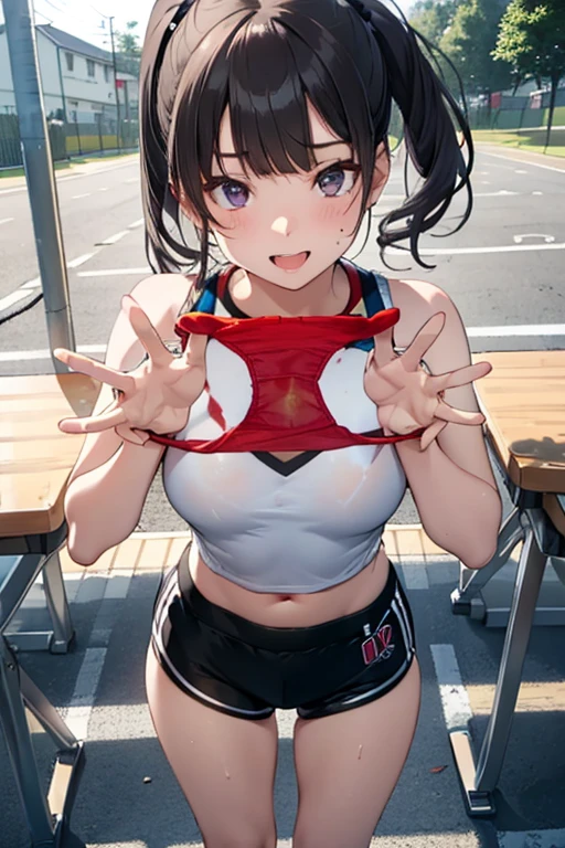 masterpiece, Highest quality, Nico_Yazawa,High resolution, 1 Girl, alone, Brown Hair, short hair, Twin tails、Purple eyes,  , , (Cleavage)、(Beautiful thighs), Carrying a red backpack, (randoseru backpack:1.2) Sweaty、Thick thighs、Highest quality、4K、One girl, 8-year-old, , cute, Grin, （Surrounded by men in the park））、、His penis is exposed through his thick thighs, Surrounding the girls、Semen from the penis、Bukkake、Bukkake、（Bukkake）With projectile、Blowjob、Lots of passersby、Ahegao、Low length、、、Handjob、School Swimsuit、Sit down and spread your legs、(Embarrassing,blush:1.3)（Handjob）（Blowjob）Knee socks