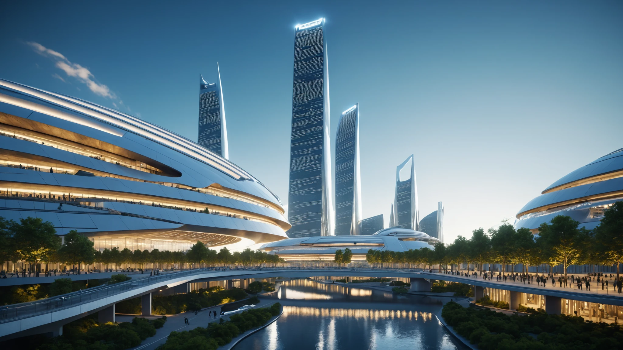 god rays, realistic, ultra realistic, 4k, 8k, photography, photorealistic, 3d render, unreal engine, cinematic shot, aerial photography, masterpiece, best quality, amazing quality, very aesthetic, high resolution, ultra-detailed, absurdres,
futuristic architecture, perspective shot, militarist design, neo-militarism, evening sky, solarpunk, sci fi, city center, busy, shopping centre, plaza, canal, megacity, utopia, white colours, white accents, city pond, park,
BREAK, depth of field, volumetric lighting