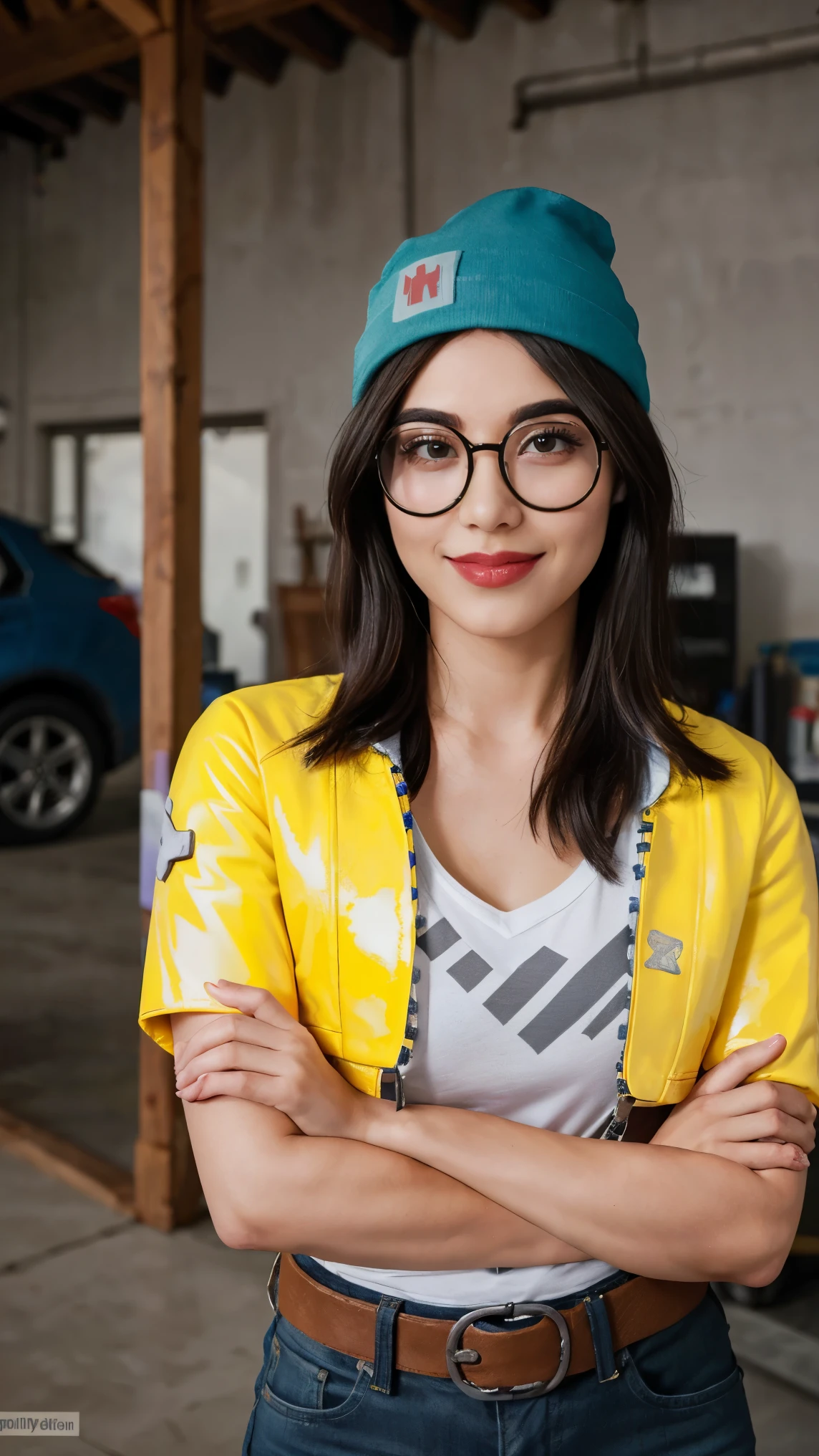 (masterpiece), best quality, expressive eyes, 8K, HD, perfect face, Turkish germanic girl, smoked eyes, brunette hair, brown eyes,(high quality eyes), streak hair, indoors, yellow latex jacket, looking at viewer, wc, collarbone, cold temperatures, valorant, toilet clothing, family, manger, killjoy shirt, smiling, ((((craft))), garage, slim body, pov, circle glasses, short sleeves shirt, 1girl, ((puckered lips pose)), brunette, beanie