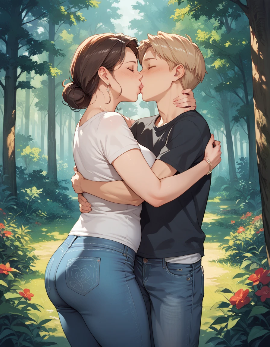 masterpiece, best quality, unity 8k wallpaper, illustration, very detailed, ((rape, sexual harassment, ache, 1 Chubby 10 months pregnant middle aged mom , 1 son, first sound)),, sweat, Warmth, stiff, big bust ((at the park ))((kiss하다)))(((excitement,kiss)))