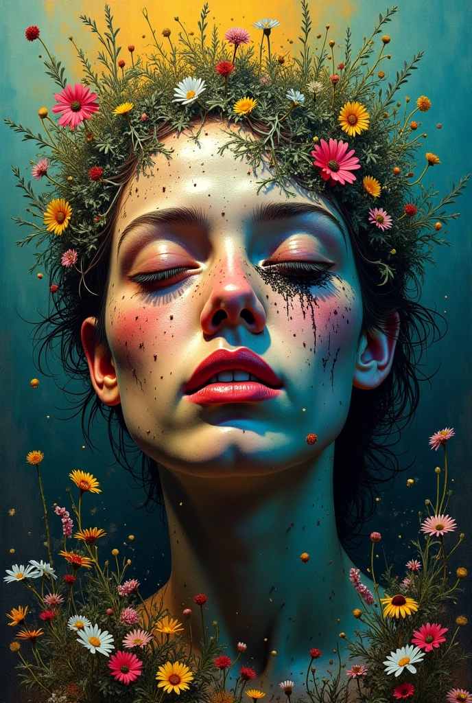 {(1 woman showing vagina, wet pussy, vaginal, beautiful girl slight smile, flirty smile)}, perfect caucasian face,(masterpiece), best quality, expressive eyes, perfect face,((masterpiece)),((best quality)),((HD)),((extremely detailed)),((cinematic lighting)),((detailed)),((perfect face)), expressive eyes, dark skin,((tribal teen)),(beautiful nose),(earrings),(black choker),(long black hair),(blunt bangs),(black eyes),(sharp eyes),(thick eyelashes) ,((completely nude)), ((nipples)),(cute bottom lip), (jungle background),(tribal body tattoos), full body,girl seen from below, wet skin, tattoo mandala and flowers, interior of ancient temple flooded with water, night light, interior of ancient temple flooded with water, tattoos of mandala and flowers on bare skin, girl sitting on pedestal showing vagina, girl sitting on wall with thighs apart showing the vagina, illuminated face, radiant face with areola, feet submerged in transparent water,floating antique clock, lamp, lantern, night sky with storm, full moon, extremely soft and fluid paint, 3D liquid paint, 3D fractals,splash effect, sea, fluid, 3D fractals, dreamy glow, oil painting with strong strokes, dripping paint, night sky with storm, floating antique clock, lamp, lantern, nfsw, Caucasian girl, detailed background, detailed face , realistic face, overexposure, {{hyperrealistic}}, full body, love, devotion, beautiful lighting, warm lighting, cinematic shot, depth of field, iridescent, illustration, light smile, closed mouth, no panties, no bra, vagina a the view, slight smile, mischievous look, flirtatious look, flirtatious smile (nsfw:1.5), Important: Her eyes are important and should be the highest resolution, extremely detailed, and awe-inspiring, with multiple colors and shades. The background of the image is wild and unruly, with a mix of flowers, petals, circus stuff, and colorful detritus. This image is highly ornate and full of detail. Include fantasy details, enhanced details, iridescence, colorful,
