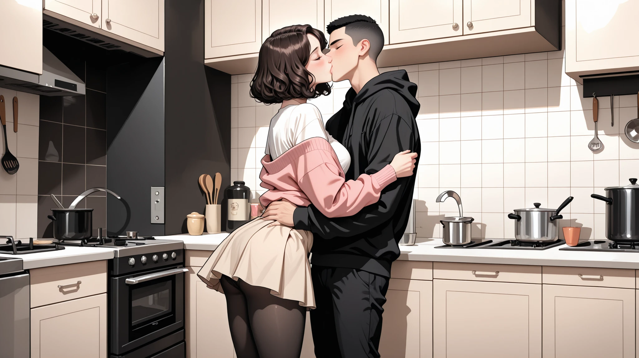 high quality, Perfect Dynamic Figures, ((black Wavy Bob hair)), Crew cut Korean boy wearing a Korean mature woman in a black hoodie and black pants, kiss, ((black pantyhose)), afternoon, Kitchen, pink cardigan, white blouse, ((beige flared skirt)), panties, Closed eyes,
