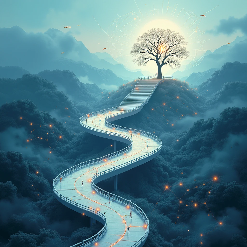 Generate a conceptual image representing the path to Artificial General Intelligence. Show a winding road or staircase moving upward through a landscape that transitions from concrete, well-defined structures at the bottom (representing narrow AI) to increasingly abstract and complex interconnected networks at the top (representing emerging general intelligence). Include visual metaphors for key AGI concepts: bridges between separate knowledge domains, a neural network structure that branches and connects in unexpected ways, and subtle human-like elements that suggest understanding rather than mere computation. Use a palette that gradually shifts from technical blues to warmer, more organic tones as the path ascends.