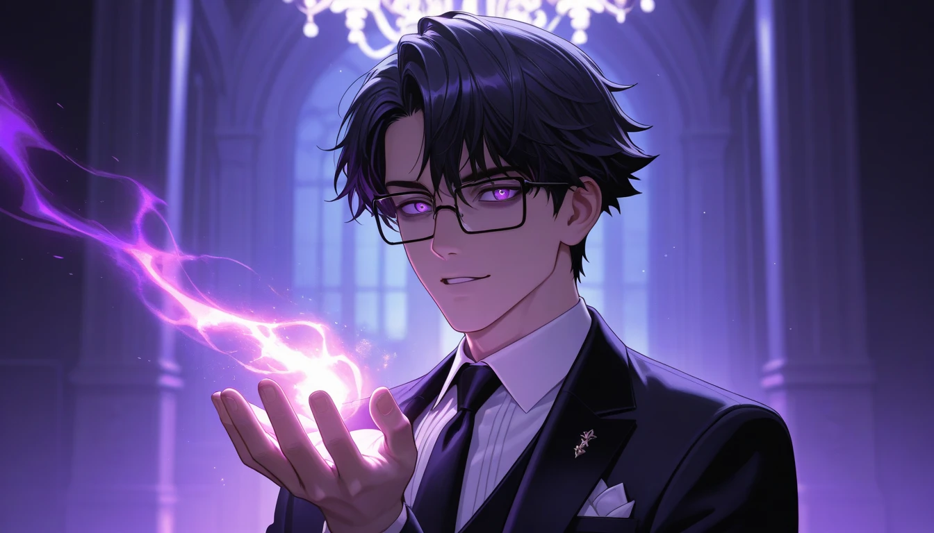 An anime-style male protagonist inspired by the character in the provided image. He has short, slightly messy black hair, soft pinkish eyes behind rectangular glasses, and a pale complexion. He wears a white collared shirt and has a calm, analytical expression. He stands confidently in a luxurious ballroom adorned with golden chandeliers and elegant decor. His right hand is raised in front of him, glowing as he extracts a concentrated, vibrant stream of purple energy from a woman in front of him (off-frame or blurred), representing her soul. The energy is sharp and direct, with no swirling effects. The lighting is cinematic, creating a dramatic contrast between the cold, purple glow and the warm tones of the ballroom. The atmosphere is intense and powerful.