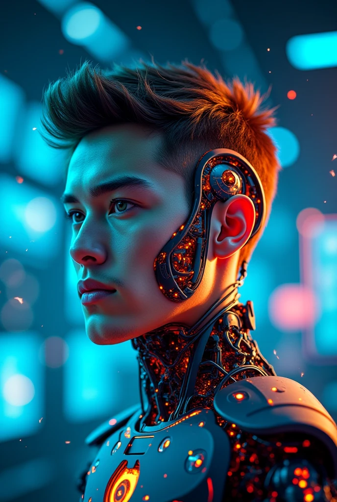 "A futuristic AI-themed YouTube thumbnail featuring a young man with half of his face human and the other half transformed into a high-tech robot/cyborg. The background should be vibrant and digital, with neon blue and orange tones, showcasing a tech cityscape or futuristic laboratory. Add floating holograms and screens in the background. Include bold 3D text that says 'AI THUMBNAILS' glowing in orange and blue. Additional smaller thumbnails of professional people and tech-related concepts should be blended into the background. The overall style should be sharp, dynamic, cinematic, and engaging for a tech-savvy audience."