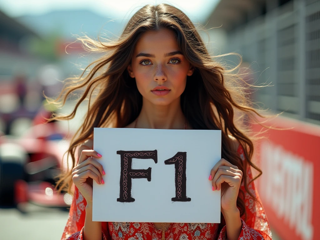 Beautiful girl with wavy long hair, bohemian dress, holding a white board with text that says F1 in a F1 race.