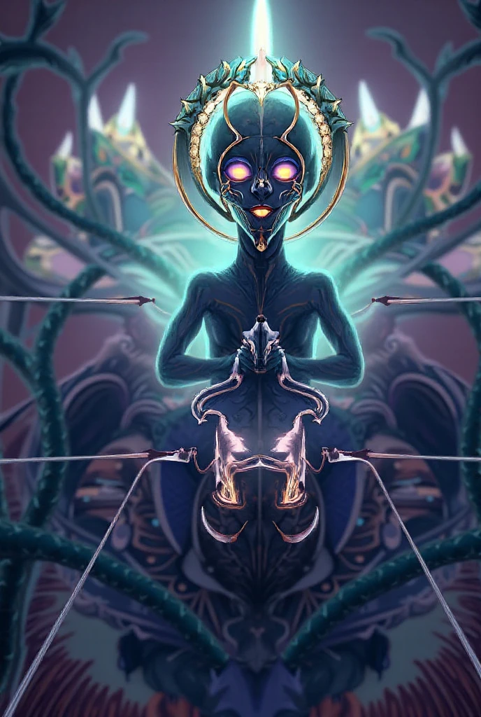 A powerful humanoid figure, a towering faceless entity in a perfect white void, doesn't have a humanoid face, an alien of incredible scale, galactic purple skin, 6 slits across the face pouring with stardust, very long limbs, strange hands with 2 thumbs and 2 fingers on each side, pearly white piercings lining up symmetrical across its abdomen, pearly white and alien jewelry hanging off the sides of its head, bipedal and has two lanky arms, very ethereal form, very prominent (upside-down triangle) mask with 6 slits pouring stardust, large prism shaped head, a long vertical mouth that extends down from the forehead