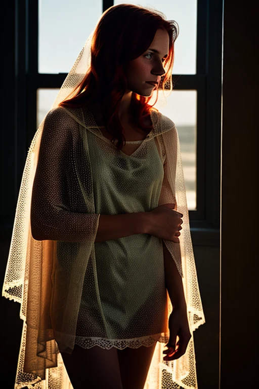 ghost next to the window, delicate colors, huge eyes, slight glow, LED lamp