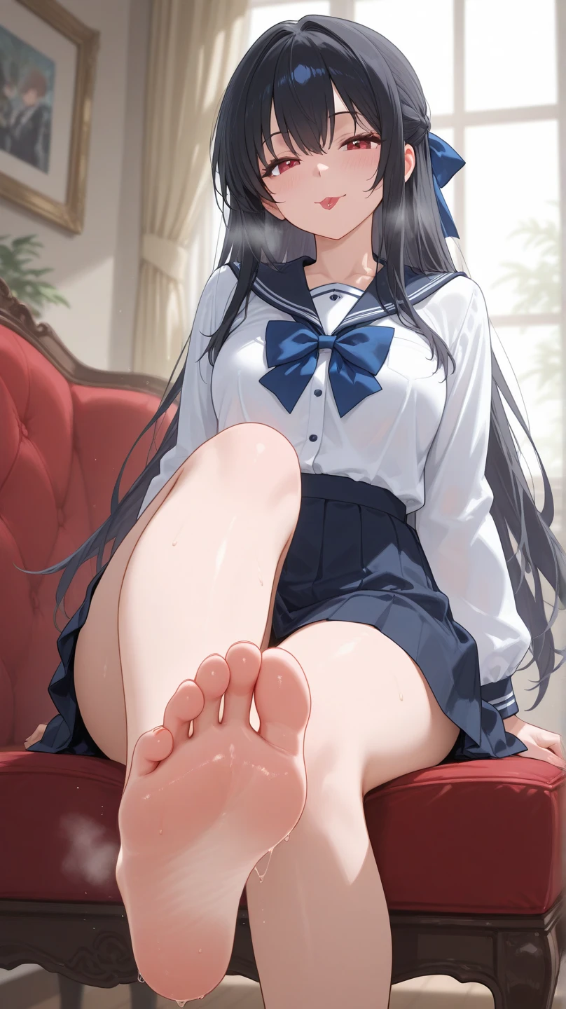 school girl is receiving a foot massage in very short skirt she is barefoot