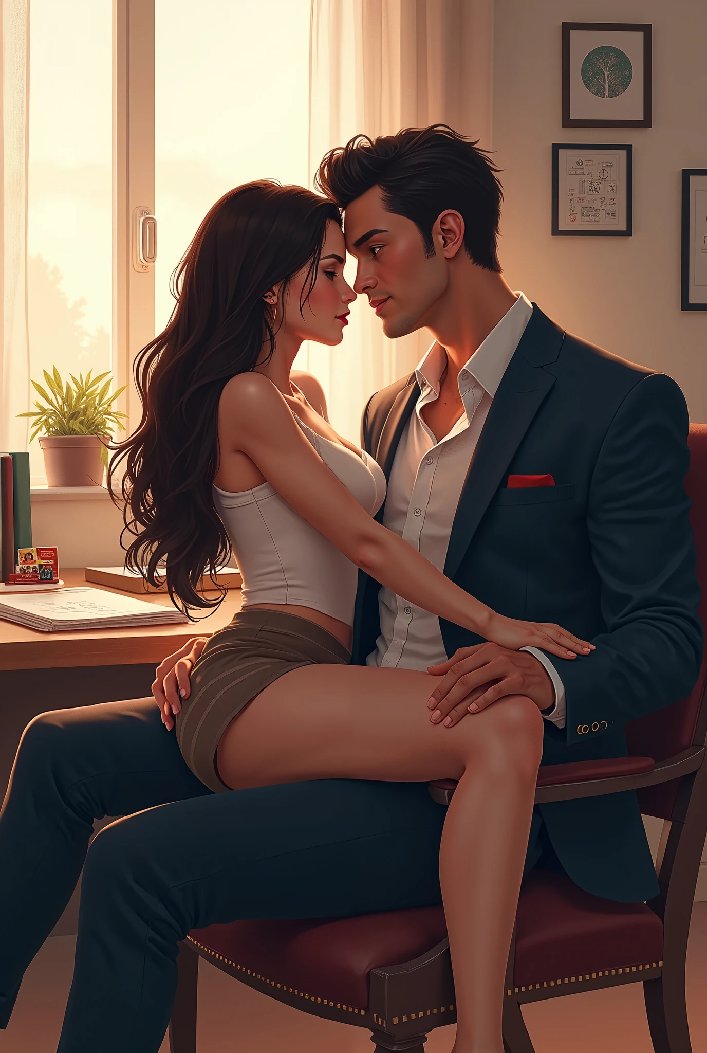(On the table, The art of math, Digital Illustration, 4K, 8K, Very detailed, Beautiful images, Clear images, Practical, RAW photos, Perfect face, Perfect lines, Perfect eyes, Soft lighting) 1 female, (Black long hair,One Mirror、Straight Hair、Bullish,Beautiful woman,Set,Solid cosmetics,Small Breasts、23-year-old female,:1.3),secretary, Setを着たハンサムな男性 2 人, (Humanity,Setを着た男,muscular,Solid Shoulder Width, Humanity,Boyish Hairstyle,English gentleman'style,Men in their 30s,The expression is cool,28 year old man,A big smile:1.2),Well-lit office、chocolate、couple、coupleキス、romantic、romanticポルノ、Looking at each other face to face、The woman sits on the man's lap