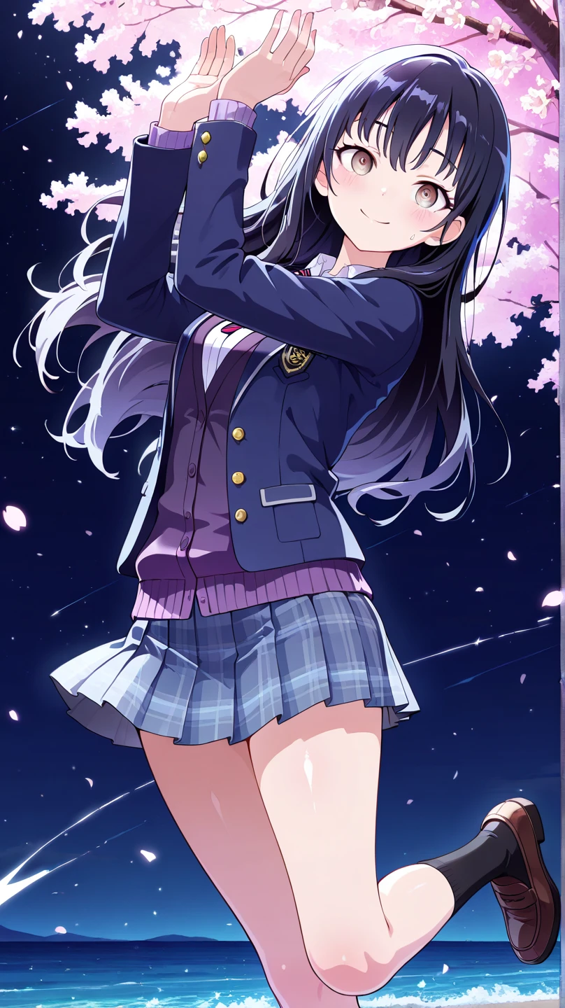 1girll，（（There is a five-pointed star in the eye））Gorgeous Hair in Long Purple，Smile，Open mouth，wink，Stick out your tongue，JK school uniform，sunraise，white stockings