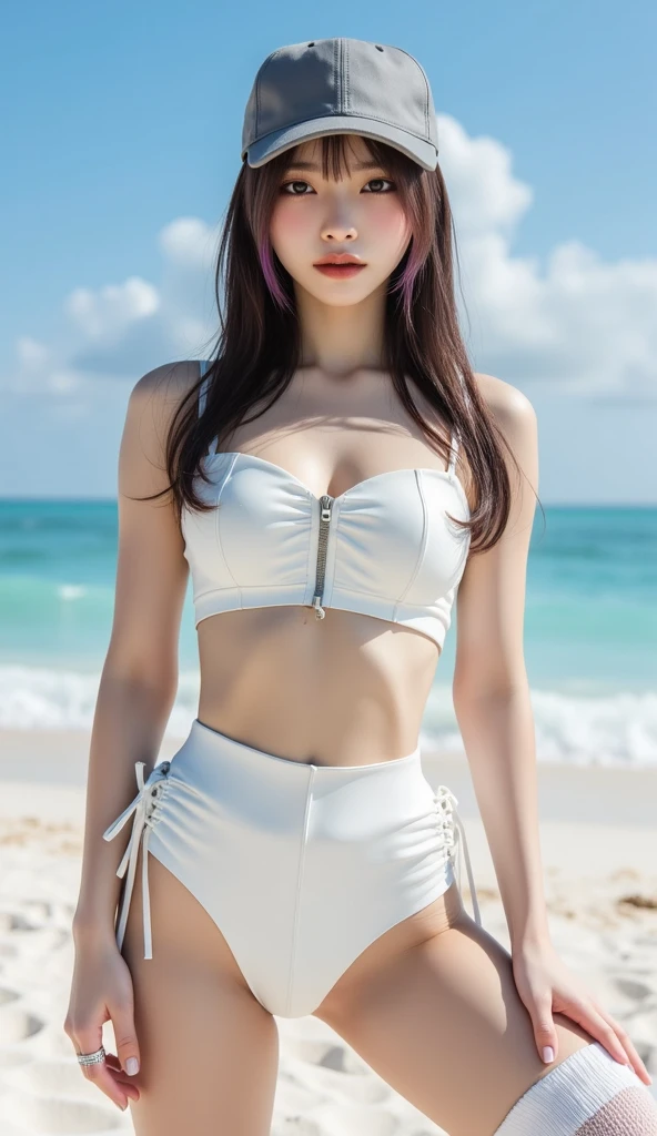 best resolution,Wearing a white hoodie blowing in the wind in the clear blue sea、woman wearing thong panties、Looking up from below, panties and ass visible, standing on the waves。her hair is long、shine white、cute hairstyle