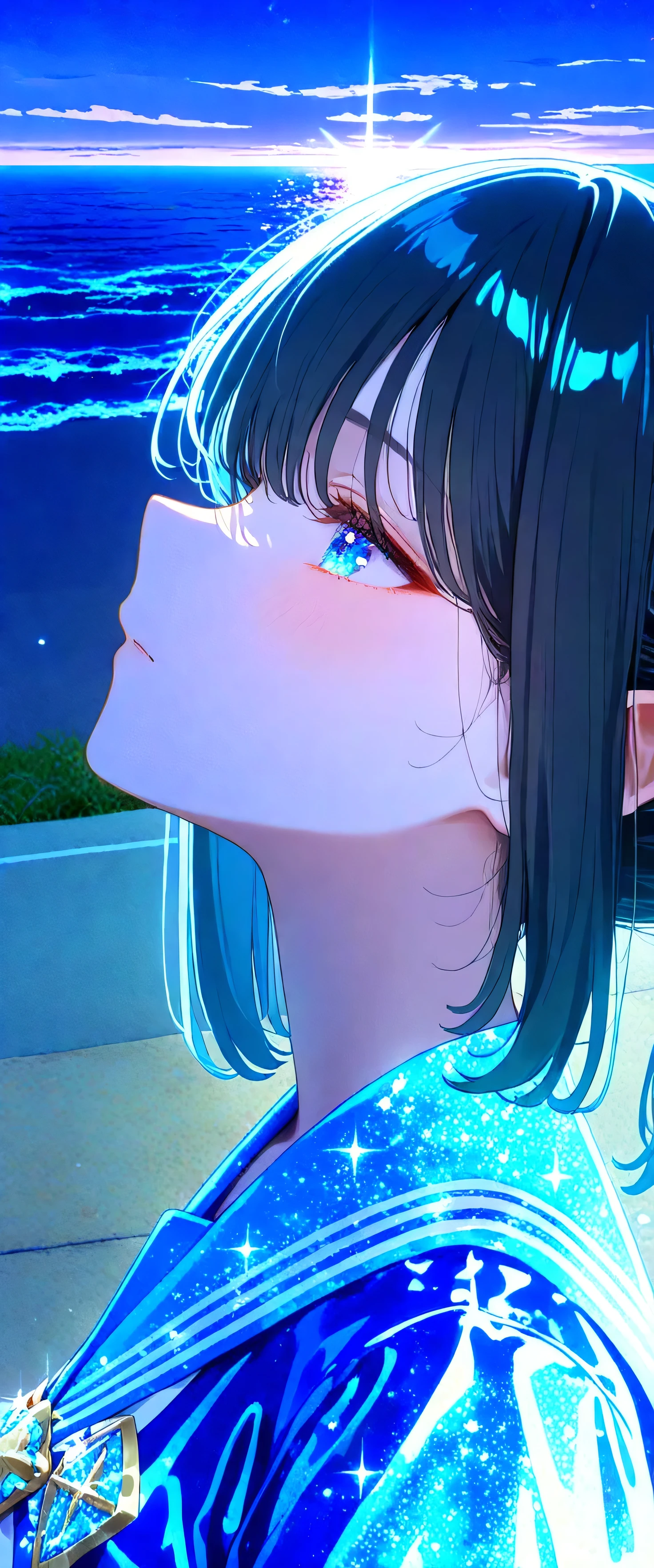 (beautiful girl: 1.3),1girl,masterpiece, Highest quality, Ultra-high resolution,rich contrast,super high quality,8k,Highly detailed CG unit wallpaper,texture,Incredibly absurd,Ultra-high resolution,RAW Photos,high school girl,(Blue and white sailor suit and pleated skirt:1.3),short sleeve,ponytail,Black hair,I'm sitting on my bike on the road by the sea,night,Moonlit Ocean,Horizon,xss,Glitter effect,0__11Xx_illu,(portrait:1.5),(from side:1.3)