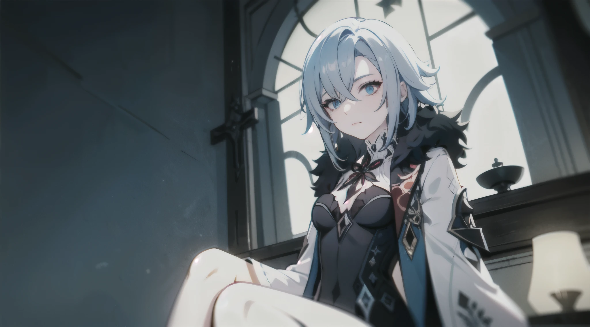 1girl, (solo), full body, ((masterpiece)), (shadow), full shot, [slim], (small breasts), low angle shot, (detailed), cinematic lighting, (textured skin), ((sharp focus)), ((very clear)), winter coat, leggings, shoes, palace, (throne:1.2), white hair, black hair, blue eyes, (cross-shaped pupils), adult, fur coat, from below, (sitting), drop shadow, focused, shading, tracing, smooth, pale skin, sharp, (pixiv), ((detailed surroundings)), arlecchino(genshin impact)