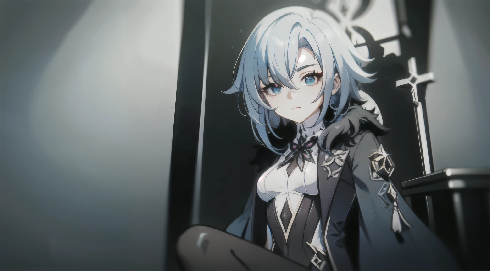 1girl, (solo), full body, ((masterpiece)), (shadow), full shot, [slim], (small breasts), low angle shot, (detailed), cinematic lighting, (textured skin), ((sharp focus)), ((very clear)), winter coat, leggings, shoes, palace, (throne:1.2), white hair, black hair, blue eyes, (cross-shaped pupils), adult, fur coat, from below, (sitting), drop shadow, focused, shading, tracing, smooth, pale skin, sharp, (pixiv), ((detailed surroundings)), arlecchino(genshin impact)