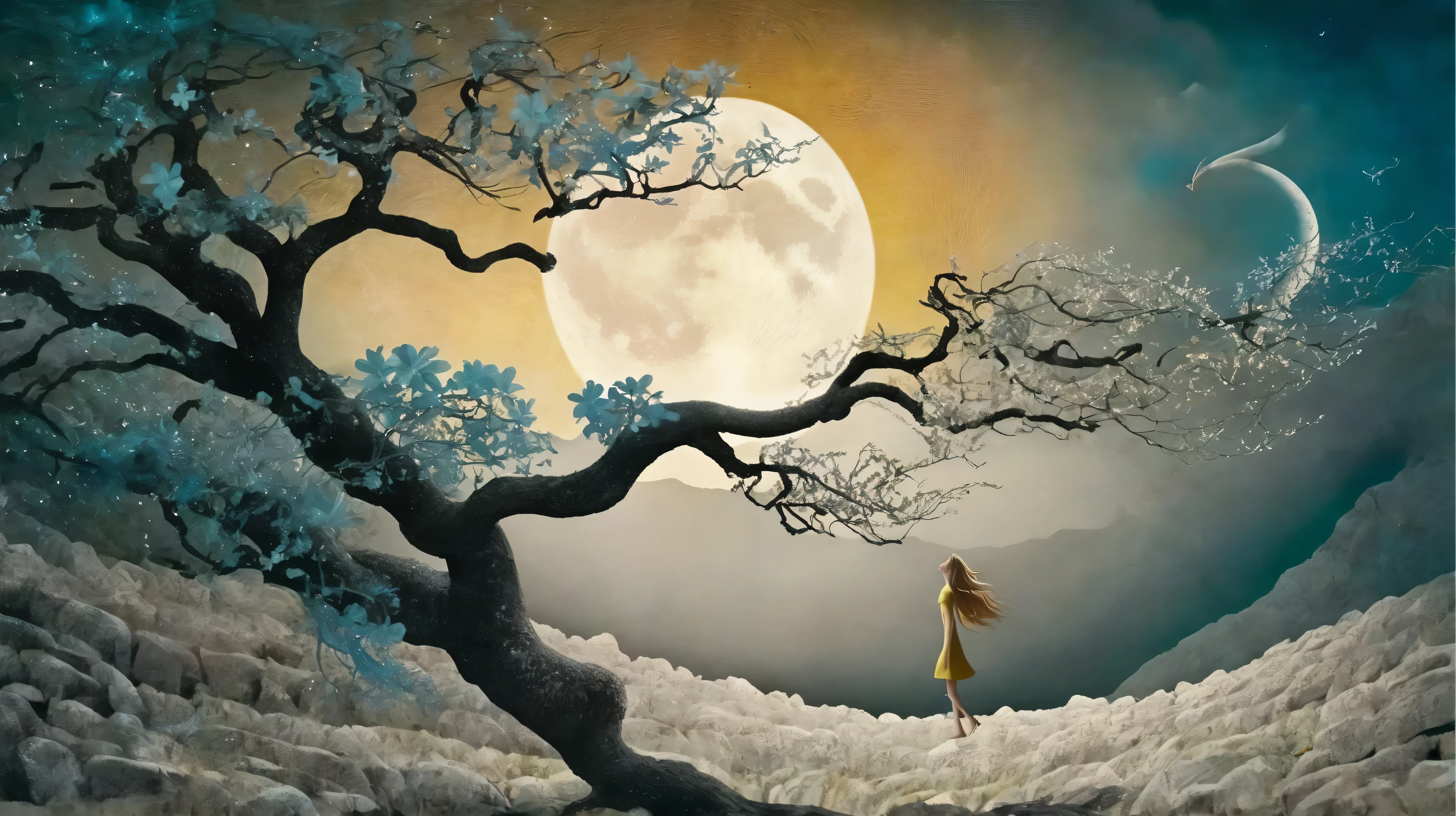 vetor arte, surreal, a field of flowers, in the distance an old tree, mountains, textures, it appears as a shadow, In front of the majestic crescent Moon, The wind causes flower petals to fly, giving a mystical air to the scene, In the foreground, The Shadow of a Girl, watches the scene in wonder, Her hair flies with the wind , and are confused with flower petals. Golden palette,marine blue, coral, white. Atmosphere aetherea, starry sky. and high contrast.
