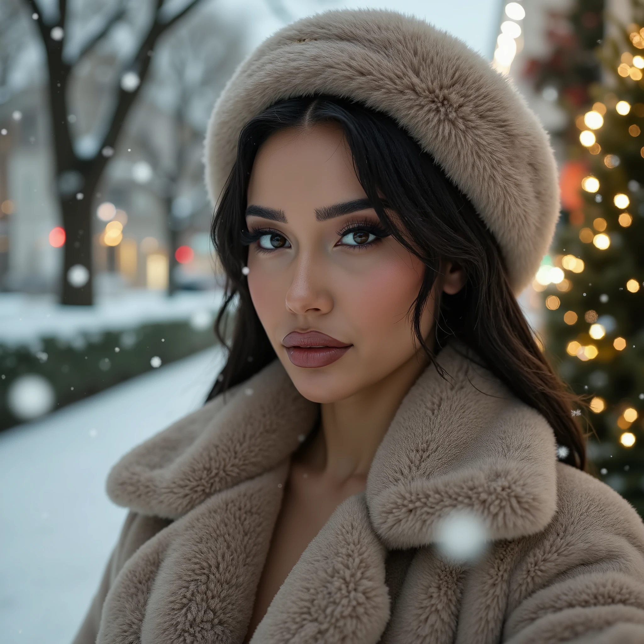 portrait, A female with black hair, wearing a fur coat and a fur hat, seductive, perfect subtle makeup, snowing, christmas lights, winter