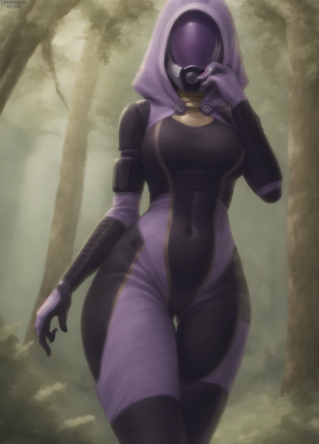 Body position: Standing, straight, symmetrical, barefoot, Lustful smile on face with red blush, 2 girls who gets married and stands in front of many people, kissing, purple skin drow elves, (standing by wooden pole:1.2), iron collar, arms behind back, iron cuffs, shackles, bound