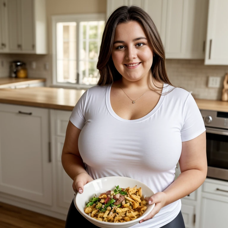fat woman jung influencer latina green eyes  eating food