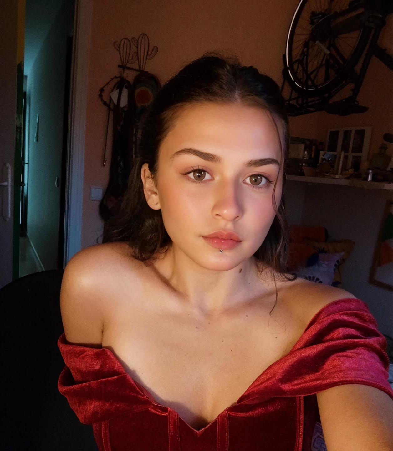 sexy girl with brown eyes, ultra realistic, meticulously detailed, portrait sophie mudd, brown hair and large eyes, selfie of a young woman, dubai eyes, violet myers, without makeup, natural makeup, looking directly at the camera, face with artgram, subtle makeup,stunning full body, large breast, large butt. curvy.wearing red dress