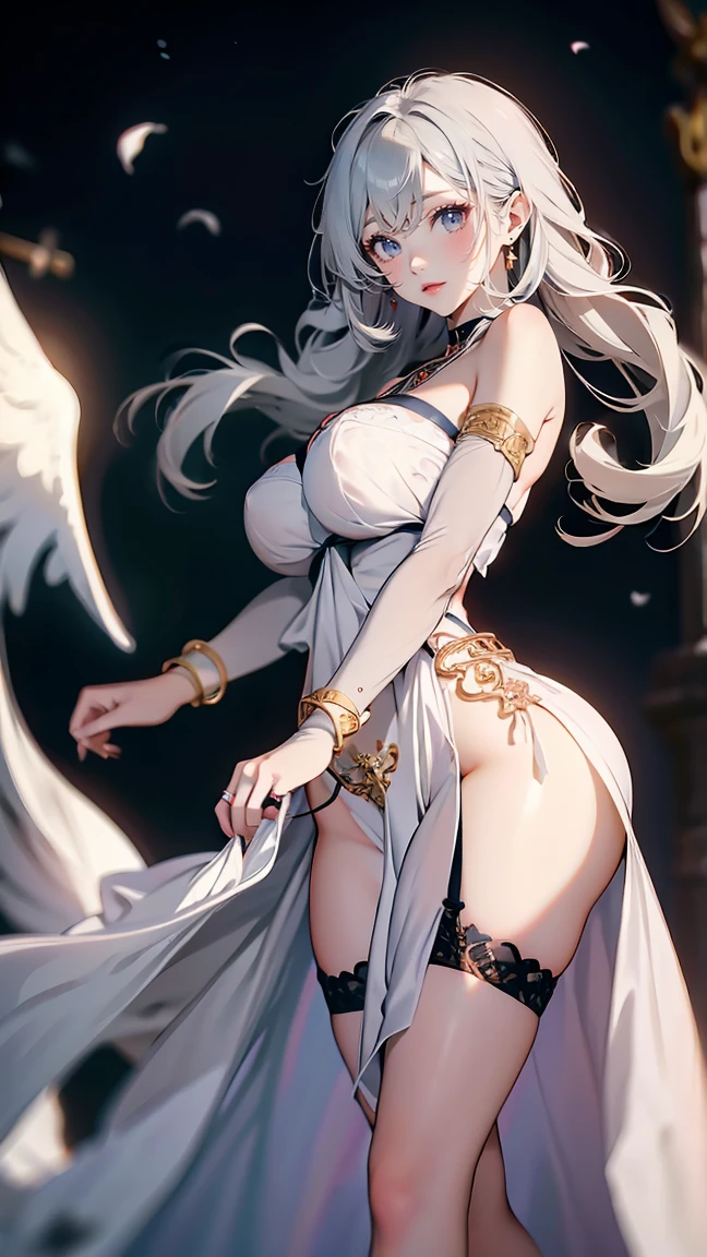 Moonlit night, sexy elf young belly dancer, very big breasts, white-lingerie, sexy see-through underwear with lace, Beautuful Women, happy face, gray hair, blue eyes.