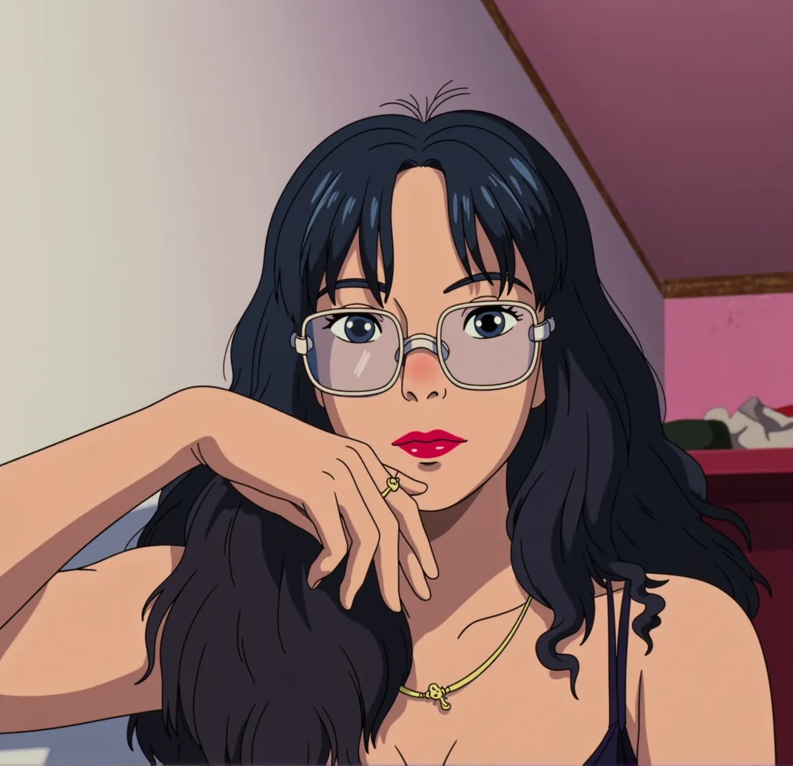 There is a woman standing in front of a closet, , middle finger, giving the middle finger, 21 years old, jeans white blouse, long black hair, lipstick, square glasses, art anime studio ghibli 1989
