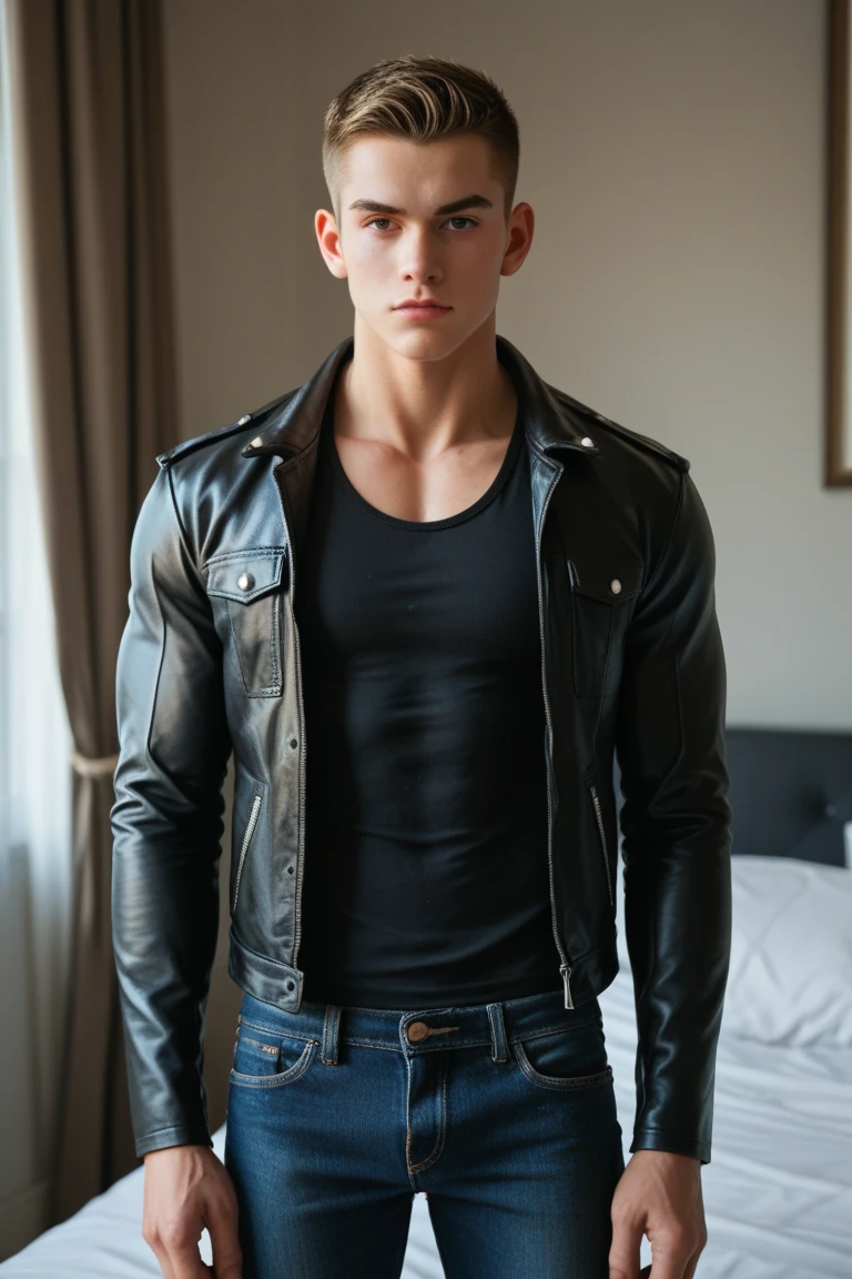 1boy, (Blue Eyes), happy smile,American boy,18 years old,young, thick body, slender, sport body build, child-like,White Teenage boy,Close-up photo,full body photo ,RAW photo,garage, (standing beside a motorcycle:1.5), suave, (solid black leather jacket:1.6), boots, (((full body portrait))), wide angle , wearing black colors micro thong with medium bulge,pale skin, skinny, good lighting, very pale skin, light skin, model with attractive body,medium bulge and medium butts,(Best quality, 8k, Masterpiece). High Detail , superior quality, natural lighting, beautiful, sexy, correct anatomy, good composition,realistic shapes, realistic skin tones,Natural eyes,realistic eyes,looking up at viewer,vpl,realistic muscles,Realistic wrinkles on the skin,Realistic arms and legs,Realistic face,realistic hair,Make a sexy and seductive face, Clear Focus: 1.2, Perfect Body virile: 1.4 , Slender Abs: 1.2, Highly detailed face and skin texture, detailed eyes, double eyelids, big upper lip, man focus,amazing composition, front view, HDR, volumetric lighting, ultra quality, elegant,Post a erotic photoshoot,Realistic pose,detailed hair,full body,Fujifilm XT3 photorealistic art by midjourney