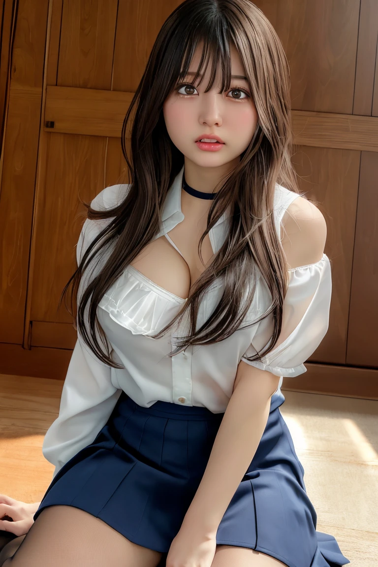 1girl, on all fours,solo,underwear,jewelry,short skirt,bra,breasts,long hair,office girl,cleavage,pantyhose,necklace,brown hair,formal,earrings,pencil skirt,indoors,looking at the audience,office,brown eyes,make-up,lipstick,nail polish,red lips,lips,medium breasts, Delicate tongue,
