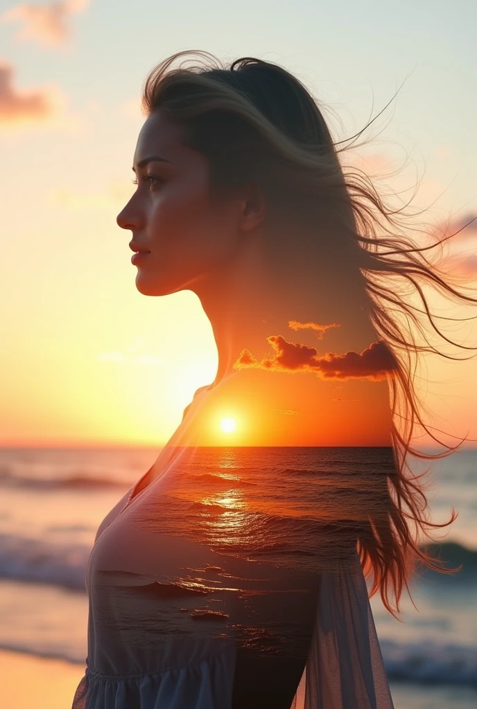high quality, 8K Ultra HD, A beautiful double exposure that combines an goddess silhouette with sunset coast, sunset coast should serve as the underlying backdrop, with its details incorporated into the goddess , crisp lines, The background is monochrome, sharp focus, double exposure, awesome full color
