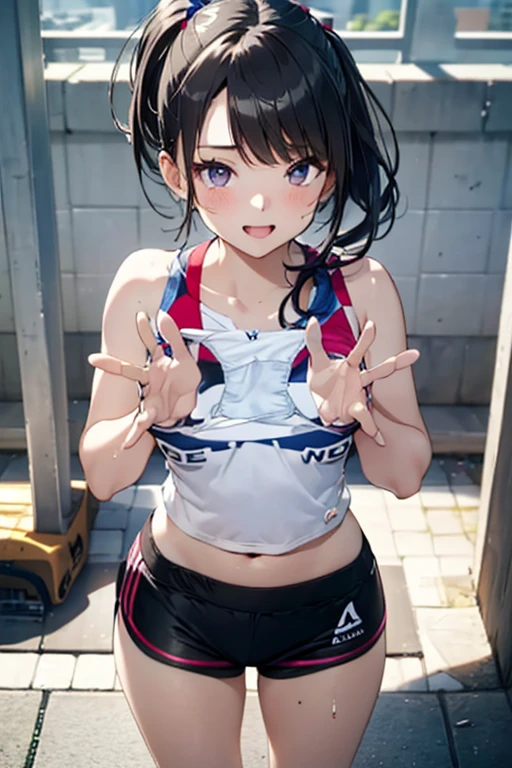 (Best quality, 8k, 32k, Masterpiece, UHD,:1.2),RAW, human, 1girl,ultra cute , ultra cute, natural lighting,transparent shining eyes, 20yo,medium breast ,femur, fair complexion , flushed face, absurdres, delicate girl, cowboy shot, (thighs, from above:1.3), shiny skin, (track uniforms, sportswear, sports bras, sports bikinis:1.3), rikujou, track and field, short hair, sharp focus,highest detailed, extreme detailed, ultra detailed, finely detail, detailed eyes and face, (smile:0.8), (bokeh background:1.2), wedgie, (erect nipple:0.5), From Below