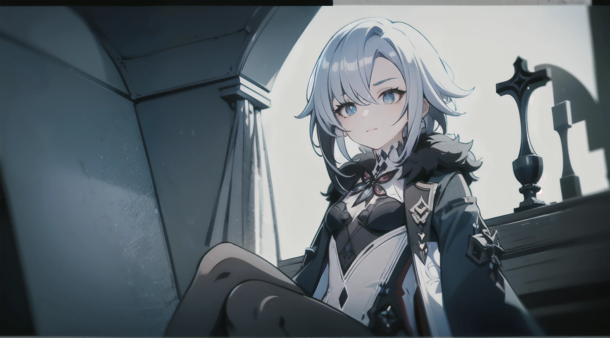 1girl, (solo), full body, ((masterpiece)), (shadow), full shot, [slim], (small breasts), low angle shot, (detailed), cinematic lighting, (textured skin), ((sharp focus)), ((very clear)), winter coat, leggings, shoes, palace, (throne:1.2), white hair, black hair, blue eyes, (cross-shaped pupils), adult, fur coat, from below, (sitting), drop shadow, focused, shading, tracing, smooth, pale skin, sharp, (pixiv), ((detailed surroundings)), arlecchino(genshin impact)