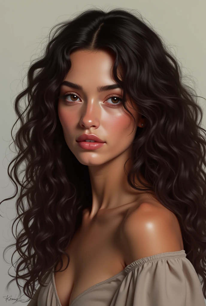 a painting of a light brown-skinned girl, green eyes and curly brown hair naked