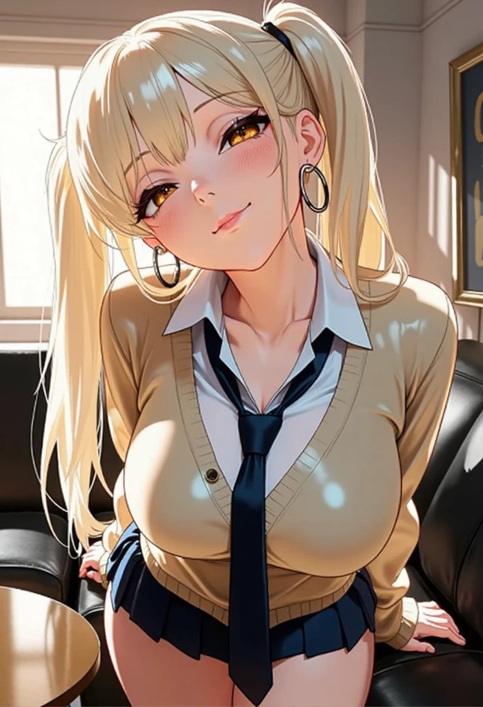 masterpiece,ultra detailed,sharp focus,smooth anime,high resolution,fringe hair,(blonde hair,tanned skin:1.5),curvy adult body,bow tie,school cardigan,huge breasts,baby face,peace sign,double peace,(thick lips:1.3),(tareme:1.3),earring,(having sex on bed,vaginal penis),,(pubic hair),bedroom,(at morning,sunny day,morning sun light from window:1.2),cowgirl position,(blushed and grinning:1.4),pubic hair,(wetty pussy:1.3),(sweaty),(creampie,cum in pussy:1.2),open mouth,excessive cum in pussy,(look at viewer:1.2),thick thighs,curvy adult body,close up,