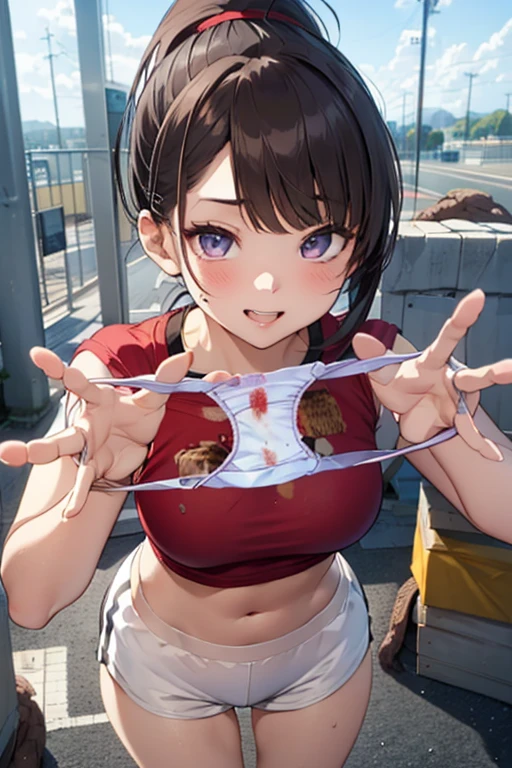 Close-up shot of a sexy woman, Gorgeous with captivating eyes and perfect makeup, radiant childhood friend, accentuated by a sheer white tank top and a short black pleated skirt, Show off your sexy figure with big thighs and wide hips, provocative. tie (Shibari, tay bị tie sau lưng: 1,5), (Shibari: 1,21), Bị tie, chân bị tie, gag with drool ball((( red ballgag)))Wear glasse, lying on crowded street , wet person , green rope