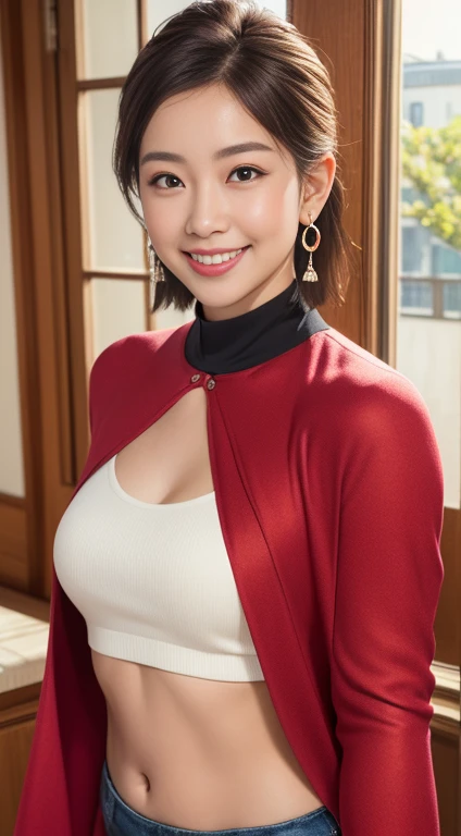 ((8K、High resolution、Highest quality、High resolution)))、alone、Natural body shape、White skin、Natural Makeup、((Hime cut))、((Crimson mermaid dress))、(Pearl Necklace、Pearl Earrings)、Looking into the camera、bangs、Head to shin portrait、(Thighs)、smile