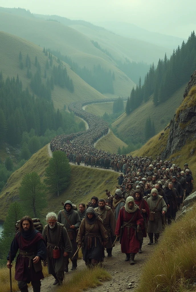 "A tense and dark scene on a green hill, where a group of seven or eight riders on horseback is approaching, their laughter becoming more distinct as they get closer. In the distance, a few Frisian horses can be seen climbing the hill, carrying men and women, some of whom are nearly nude. The women, with their torsos exposed, are in tears, contrasting with the riders' cruel laughter. One rider, at the forefront, is silent, leading the group. He signals with his hands, stopping the commotion and 