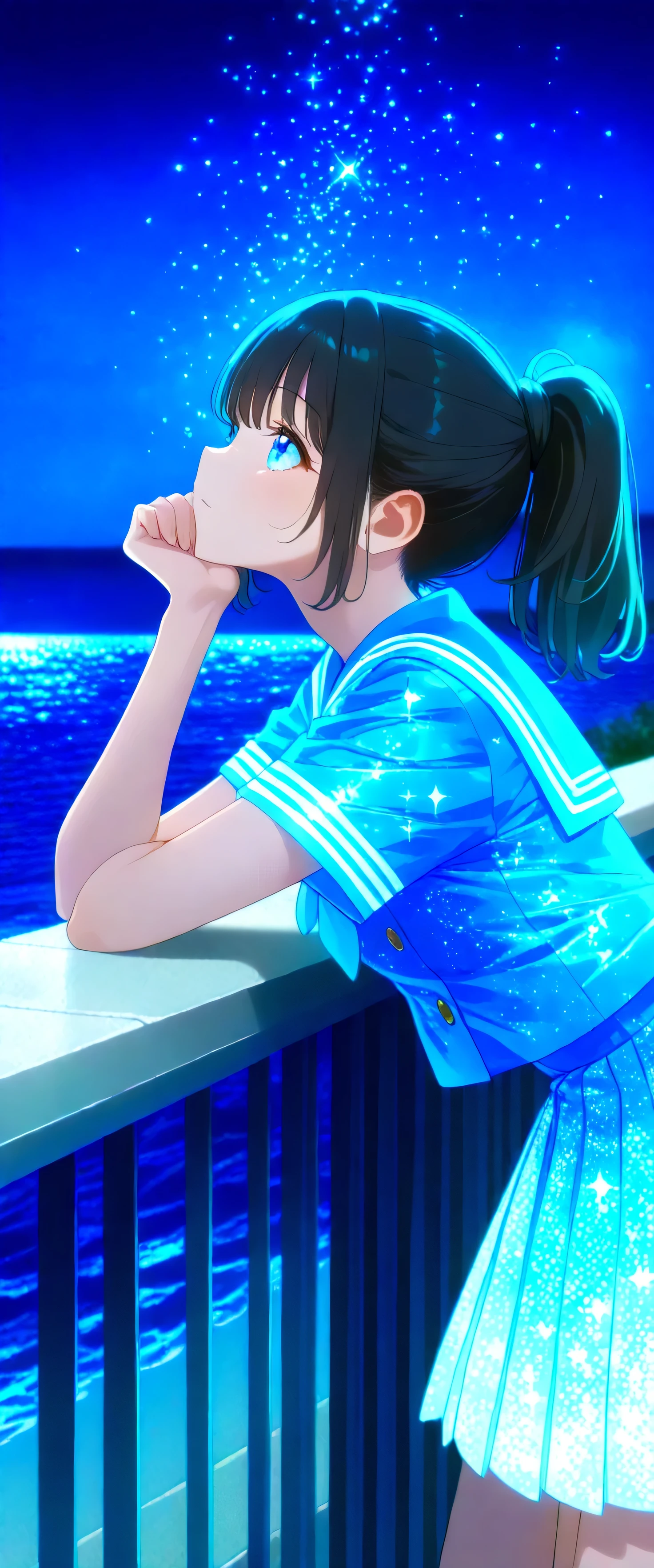 (beautiful girl: 1.3),1girl,masterpiece, Highest quality, Ultra-high resolution,rich contrast,super high quality,8k,Highly detailed CG unit wallpaper,texture,Incredibly absurd,Ultra-high resolution,RAW Photos,high school girl,(Blue and white sailor suit and pleated skirt:1.3),short sleeve,ponytail,Black hair,She is standing by her bike and looking out at the sea,night,Moonlit Ocean,Horizon,xss,seaside road,Glitter effect,0__11Xx_illu,Glitter effect,(((head rest))),Leaning forward,Looking up