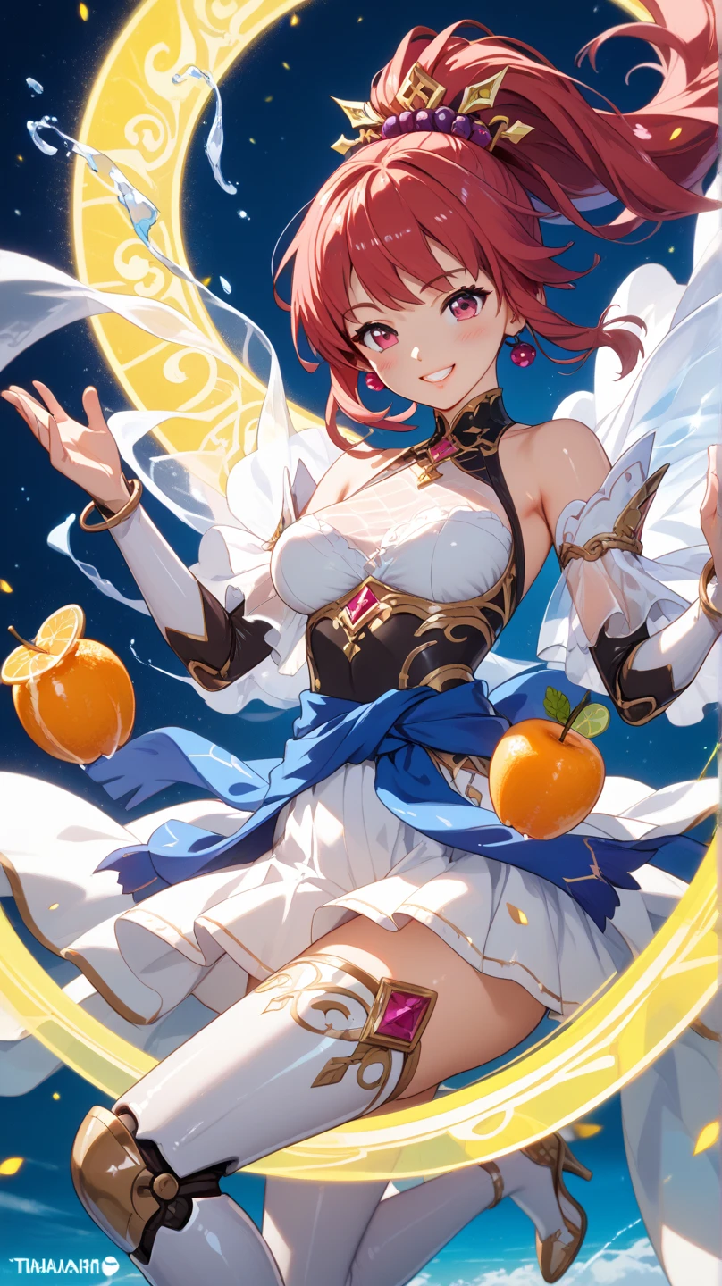 Ultrajante, melhor qualidade, 1 garota, Sozinho, cabelo vermelho, olhos roxos, Cabelo longo, grande, ah Coelho, orelhas de coelho, espartilho vermelho, decotes, GAKURAN, aprons, red ribbons around the neck, saia vermelha, hair tie, Manga curta, punhos de pulso, coxas brancas, os sinos de tinir, (((corpo inteiro, big ass, thick fit body, pose inquietante e sorridente)))
