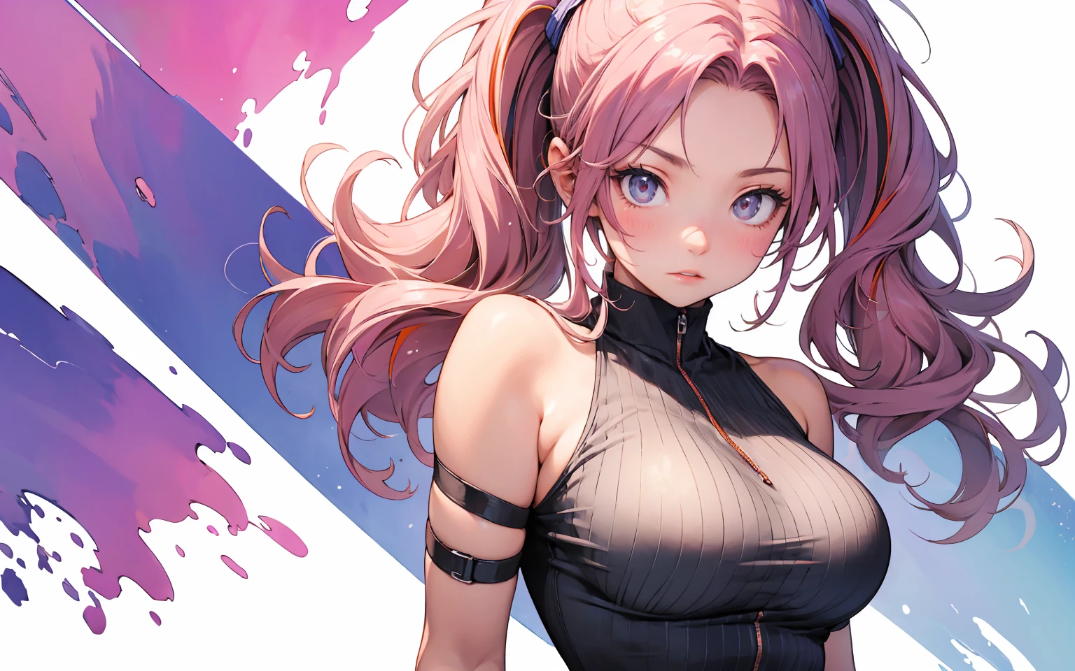 {8k image}, with intense rain,, 22-year-old russian girl,Raised sexy,drenched all over the body,clothes see-through:1.2,, E cup,Wet hair,The chest is huge, woman brown wavy hair and a ponytail. torn clothes. (pink summer tank top), damaged clothes, Cleavage, big breasts, exposed. {looking directly at the viewer}, {facing forward}, {perfect anatomy}, {image focused only on the face}, {face portrait}, grey background,