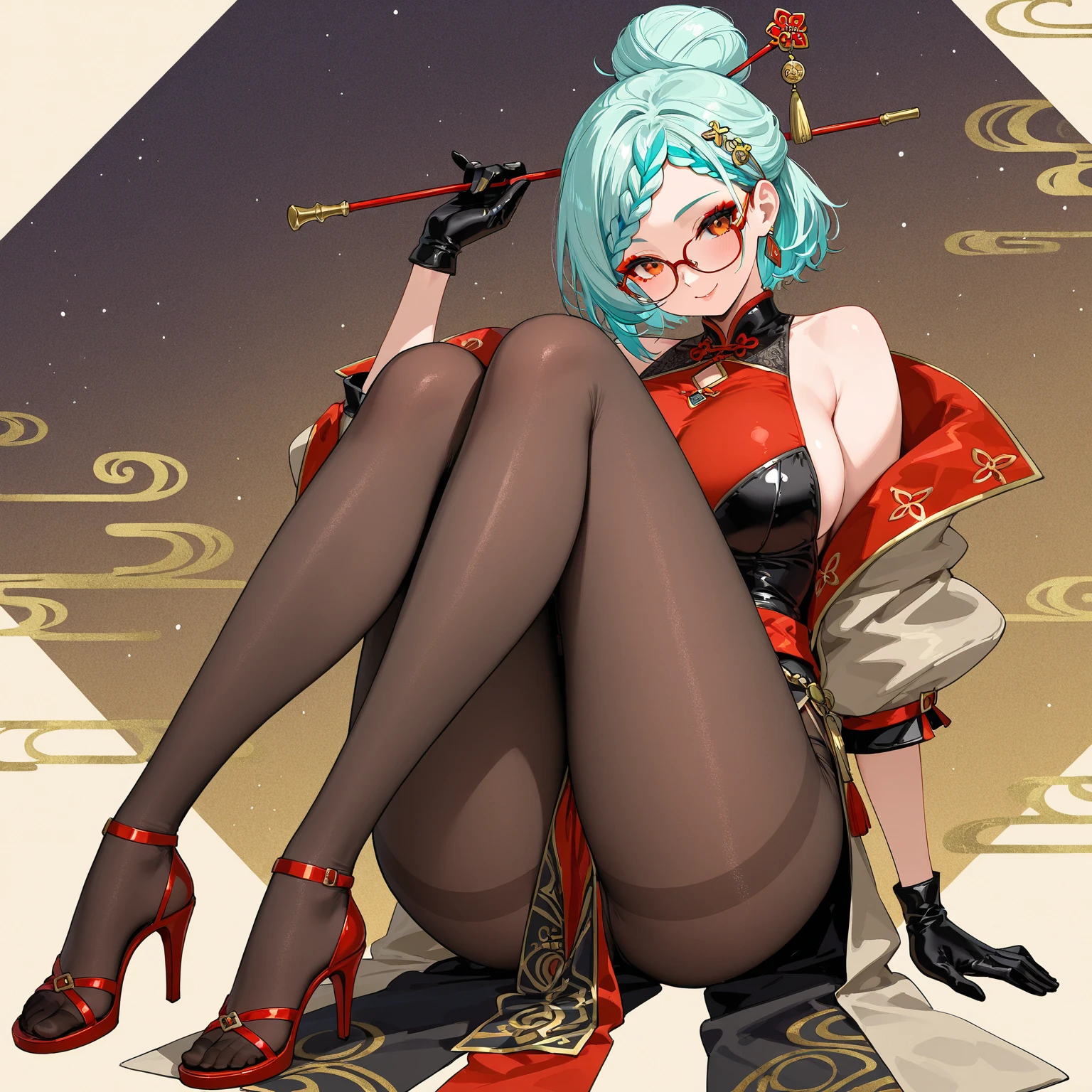 beautiful, masterpiece, best quality, perfect eyes, perfect face, 1girl, purah, sitting, hair stick, white hair, short hair, crossed legs, solo, closed mouth, looking at viewer, red eyes, holding, thighhighs, 1girl, red thighhighs, glasses, hair ornament, red pantyhose, pantyhose, bare shoulders, gloves, forehead mark, high heels, red-framed eyewear, full body, art, 2d, < <lora:SuperSatanSon-06:1.2>, (simple background, white background), <lora:purah:1>