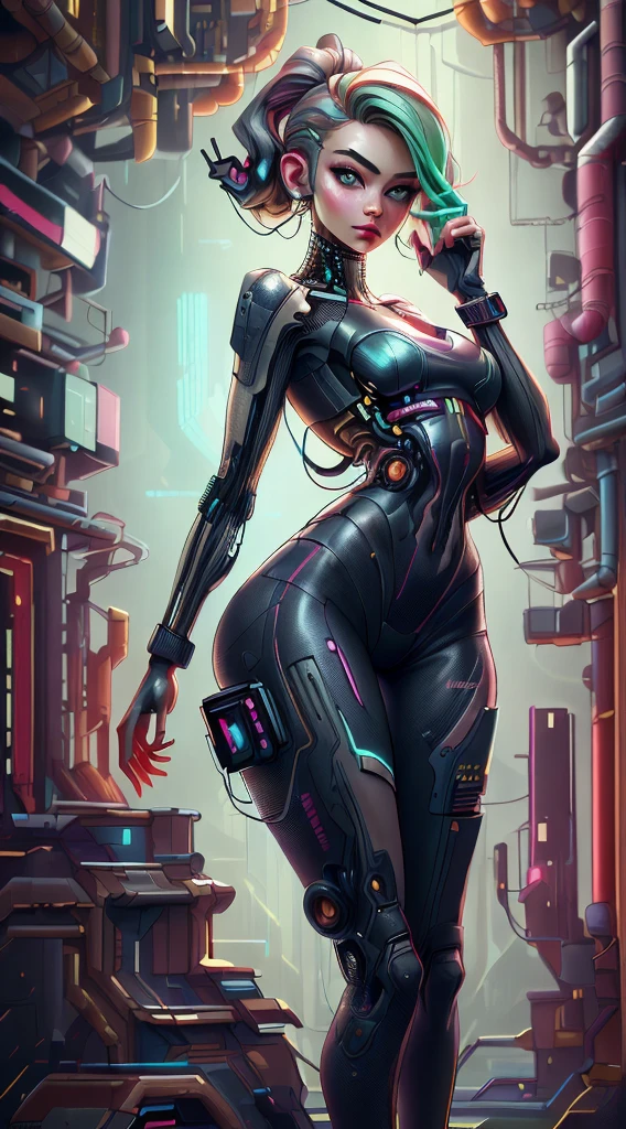 A beautiful female robot, cyberpunk corpo lindo, peitos medios, belo quadril, mecanica, cabelos feito de fios de circuito tamanho medio, intincado detalhado, luzes neon, side view of the back looking at the viewer, on a luxurious terrace, vista de fundo predios futuristas da cidade, extremamente detalhado, 8k, ultra realista
