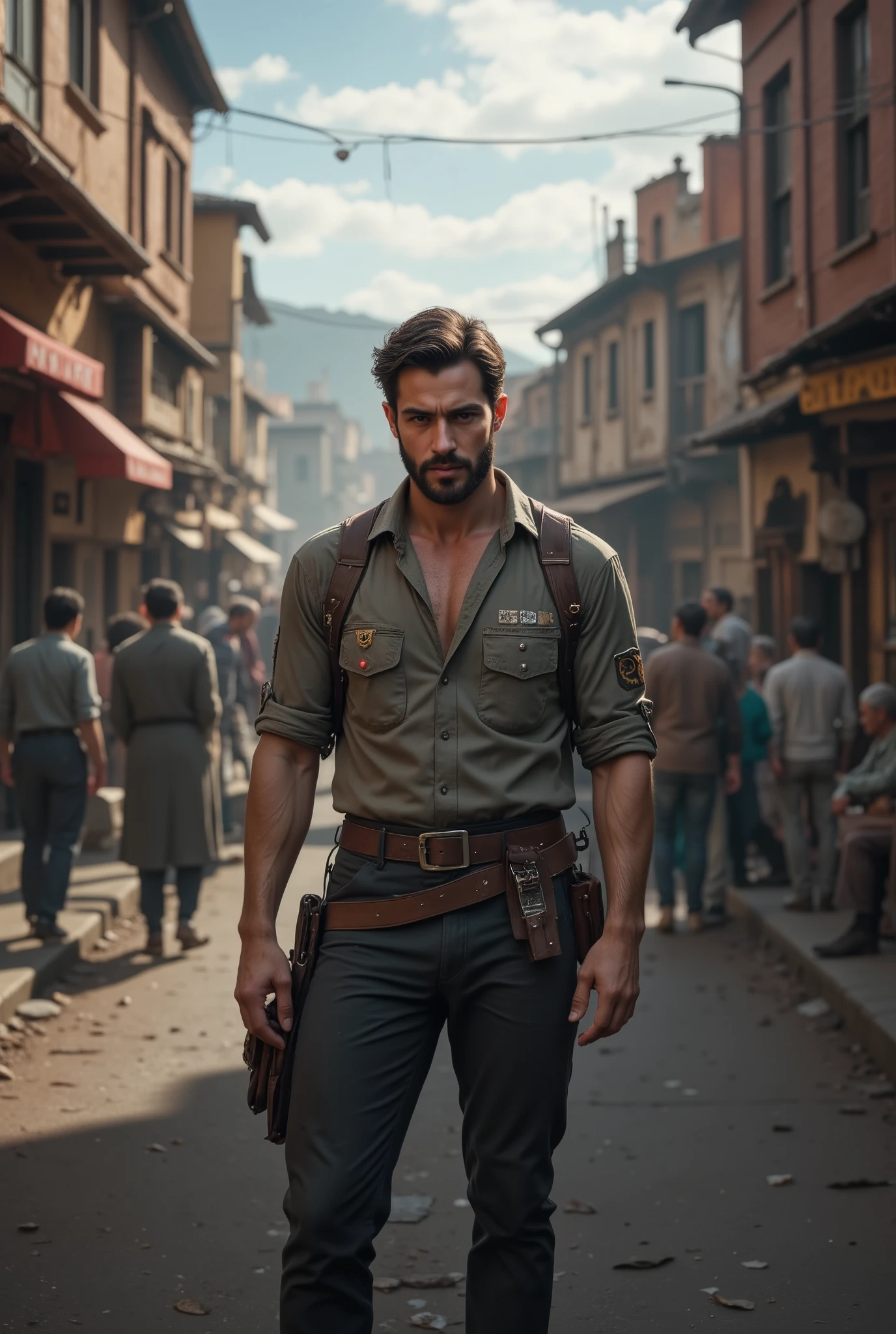 A guy with brown hair, black eyes, slightly dark skin, black eyebrows, a small black beard on the street in town