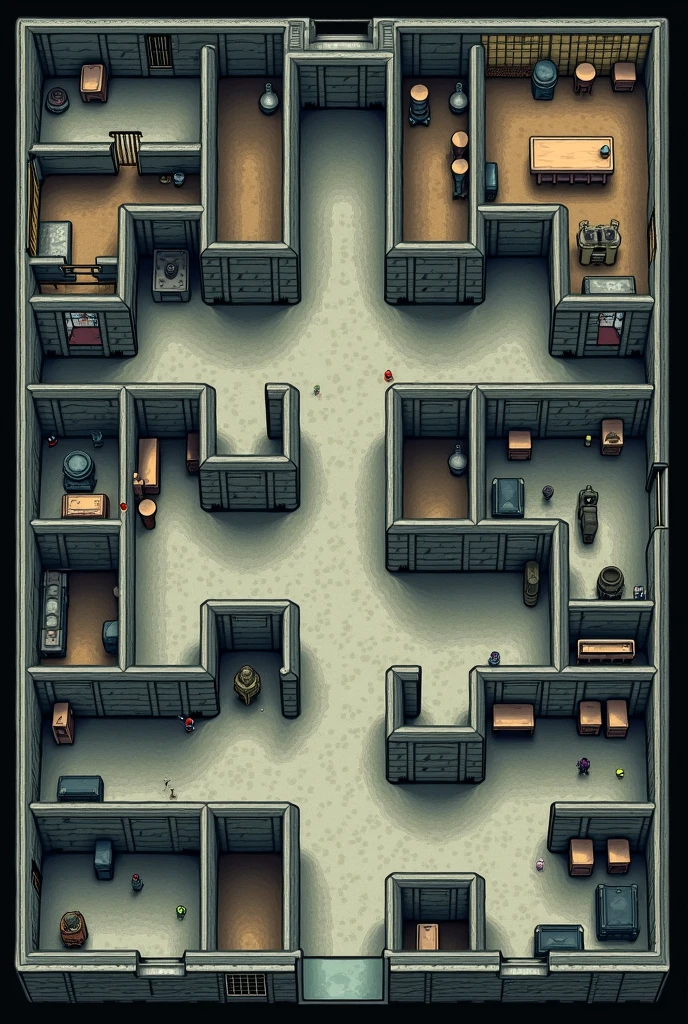 Create a 2D role-playing map with top view, View from above of a prison from the inside