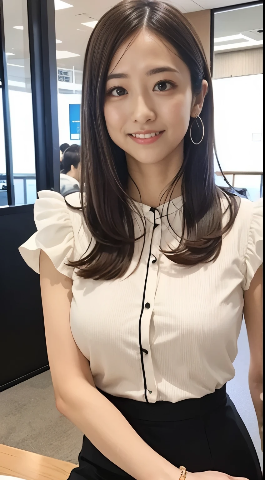 very detailedCG Unity 8k壁紙, Best Quality, very detailed, table top to pinch, realistic, photo-realistic, Cute with great attention to detail, Age 25, ,, upper body , ,Big Breasts, black eyes ,business skirt