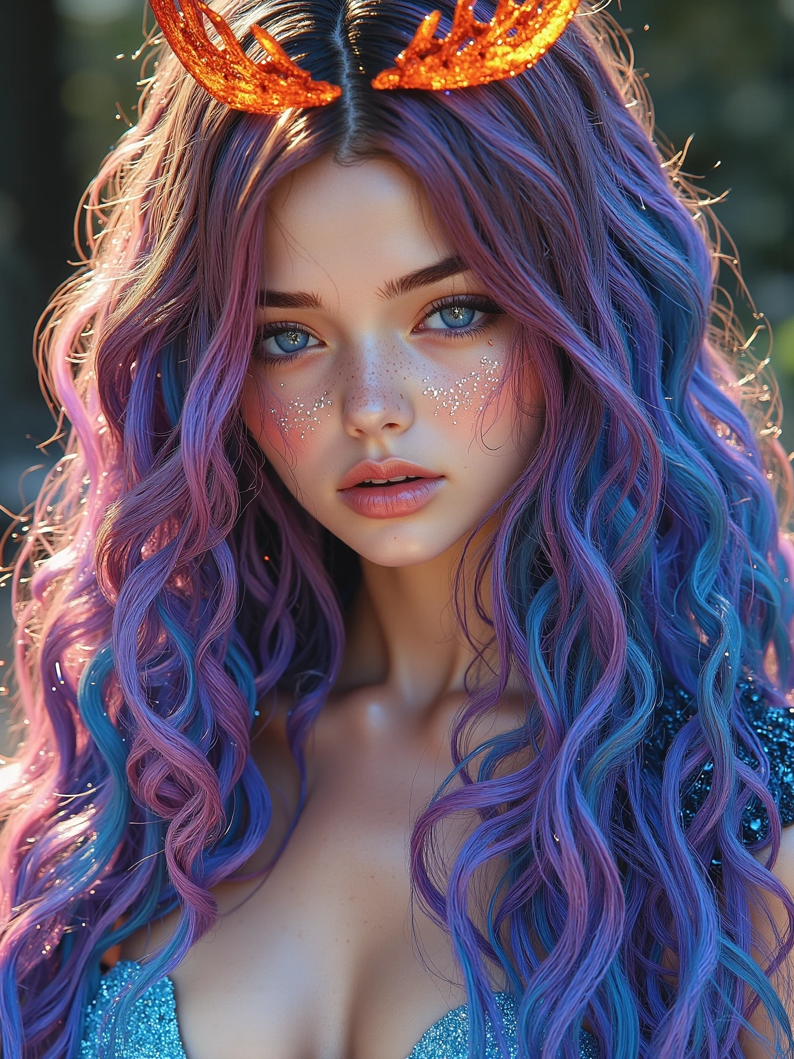 a beautiful sexual fairy, detailed ethereal face, long eyelashes, full lips, delicate skin, flowing hair,  , iridescent colors, magical forest background, fantasy landscape, photorealistic, 8k, hyper detailed, cinematic lighting, dramatic shadows, vibrant colors, intricate details, full body